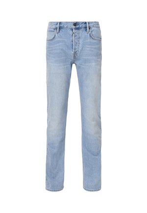 Hellblaue Denim-Jeans mit geradem Schnitt, fünf Taschen und ausgewaschenen Bereichen. Mit Reißverschluss und Knopfverschluss.
