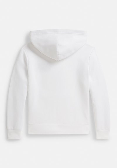 Λευκό φούτερ με κουκούλα και κορδόνι, μακριά μανίκια, ριμπ μανσέτες και τελείωμα. Ομαλή υφή υφάσματος χωρίς ορατά σχέδια ή διακοσμητικά στοιχεία.