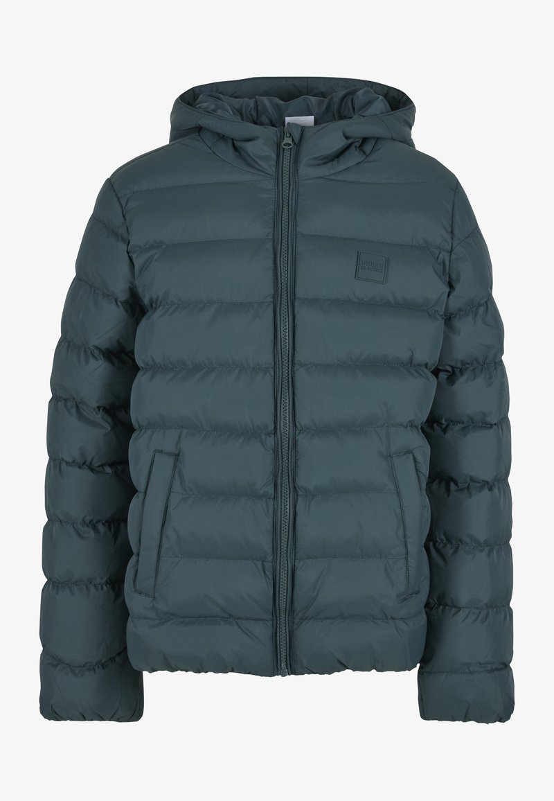 Veste à capuche rembourrée en bleu sarcelle foncé avec texture matelassée horizontale, fermeture éclair à l'avant et deux poches latérales. Comprend un petit écusson logo.