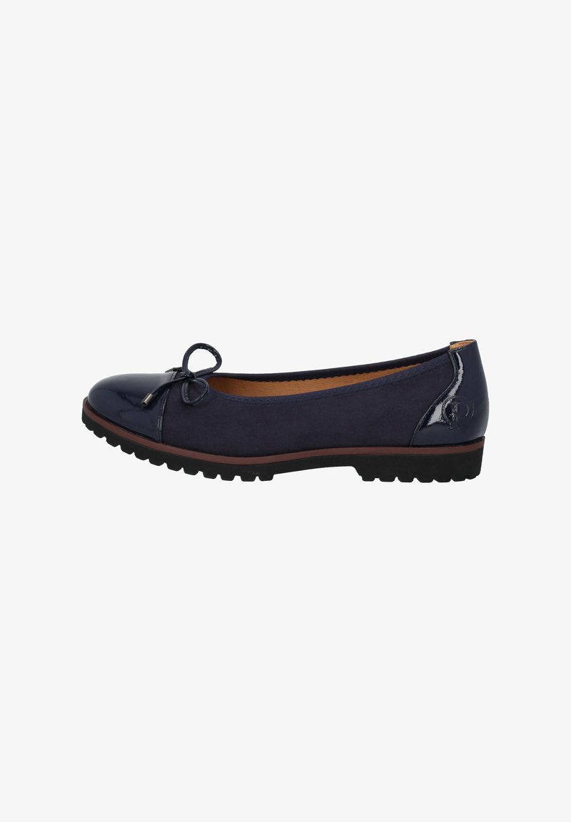 Ballet flats blu navy con punta in pelle lucida, fiocchetto decorativo e suola testurizzata per la presa. Parte superiore liscia e interno imbottito.