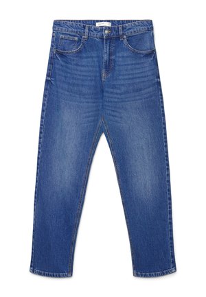 Jeans di denim blu a vita alta, con cinque tasche, chiusura con bottone e cerniera, e dettagli slavati su cosce e ginocchia.