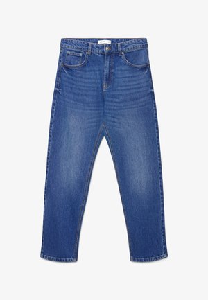 Jeans di denim blu a vita alta, con cinque tasche, chiusura con bottone e cerniera, e dettagli slavati su cosce e ginocchia.