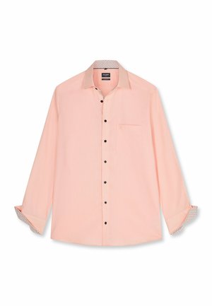 Hellrosa Herren-Langarmhemd mit schwarzen Knöpfen, Brusttasche und gemusterten inneren Kragen- und Manschettenakzenten.