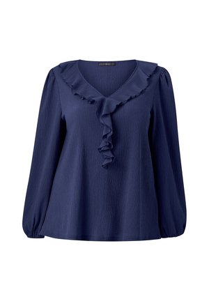 Blusa de manga larga azul marino con escote en V y detalles con volantes en el cuello. Hecha de una tela texturizada, presenta mangas abullonadas y voluminosas.