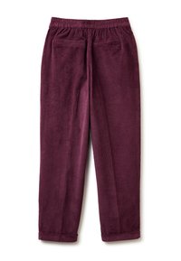 Burgundy corduroy pants with a textured surface, elastic waistband, and two back pockets. Straight leg design with folded cuffs at the hem.