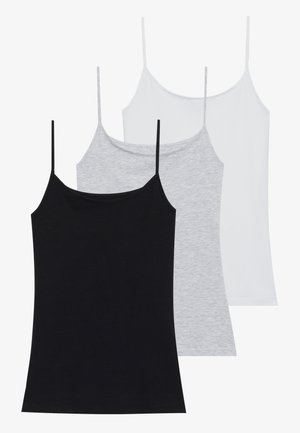 Trois débardeurs sans manches : un noir, un gris et un blanc. Fabriqués en tissu doux et extensible avec des bretelles spaghetti ajustables.