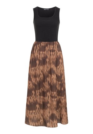 Mouwloze zwarte topjurk met een vloeiende, bruin- en beige abstracte patroon rok, midi-lengte, getailleerde taille.