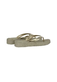 Beige flip-flops with three sleek, curved plastic straps and a textured woven rope sole, featuring a natural woven appearance.