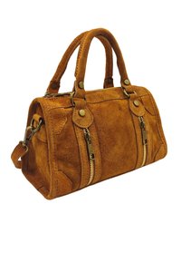 Sac à main en daim marron avec double fermeture éclair, poignées rembourrées et accents en laiton. Design rectangulaire compact avec surface texturée.