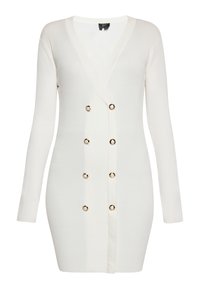 Robe longue à manches longues en tricot côtelé blanc avec décolleté en V profond et deux rangées de six boutons hexagonaux en or sur le devant.