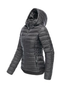 Black quilted puffer jacket with hood, front zipper, side pockets, and fitted waist, designed for cold weather.