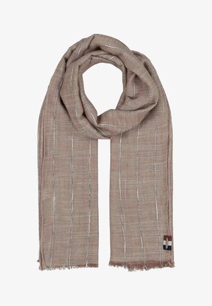 Hellbrauner Schal mit dünnen vertikalen weißen Streifen, ausgefransten Kanten und einem kleinen rechteckigen Stoffetikett in der Nähe eines Endes.