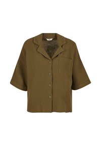 Blusa corta a maniche corte in verde oliva scuro con vestibilità morbida, tessuto strutturato, colletto a punta e una tasca sul petto. Cinque bottoni frontali.
