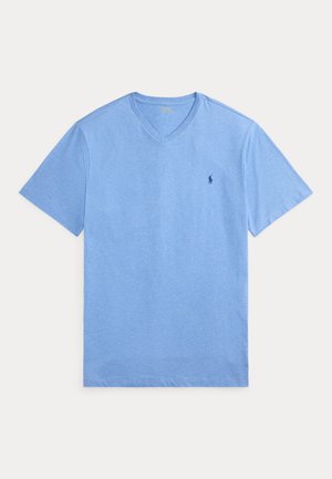 Blauwe katoen v-hals t-shirt met korte mouwen, voorzien van een klein marineblauw logo op de linkerkant van de borst en een gladde, geborstelde textuur.