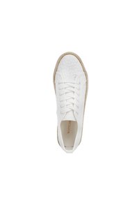 Weiße Leinensneaker mit Schnürverschluss, strukturiertem Obermaterial mit floralen Mustern und einer Sohle aus Juteseil. Minimalistisches Design und leichte Bauweise.