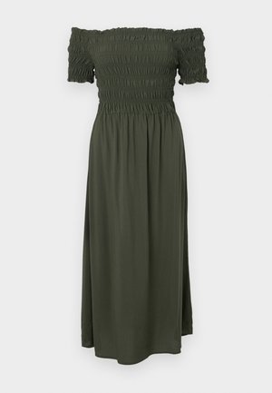 Off-shoulder jurk in donker olijfgroen, met een gesmokte lijf, korte mouwen en een vloeiende, enkel-lange rok. Zachte, lichte stof.