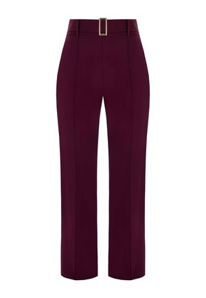Burgundy trousers with a straight-leg design, featuring a visible belt buckle, stitching details, and a smooth texture.