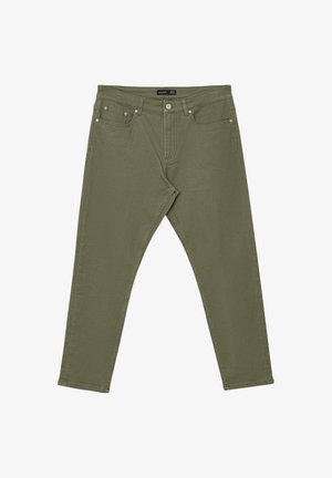 Pantalons en denim vert olive avec une coupe droite, cinq poches et des accessoires en métal argenté. Le tissu a une texture lisse et un léger stretch.