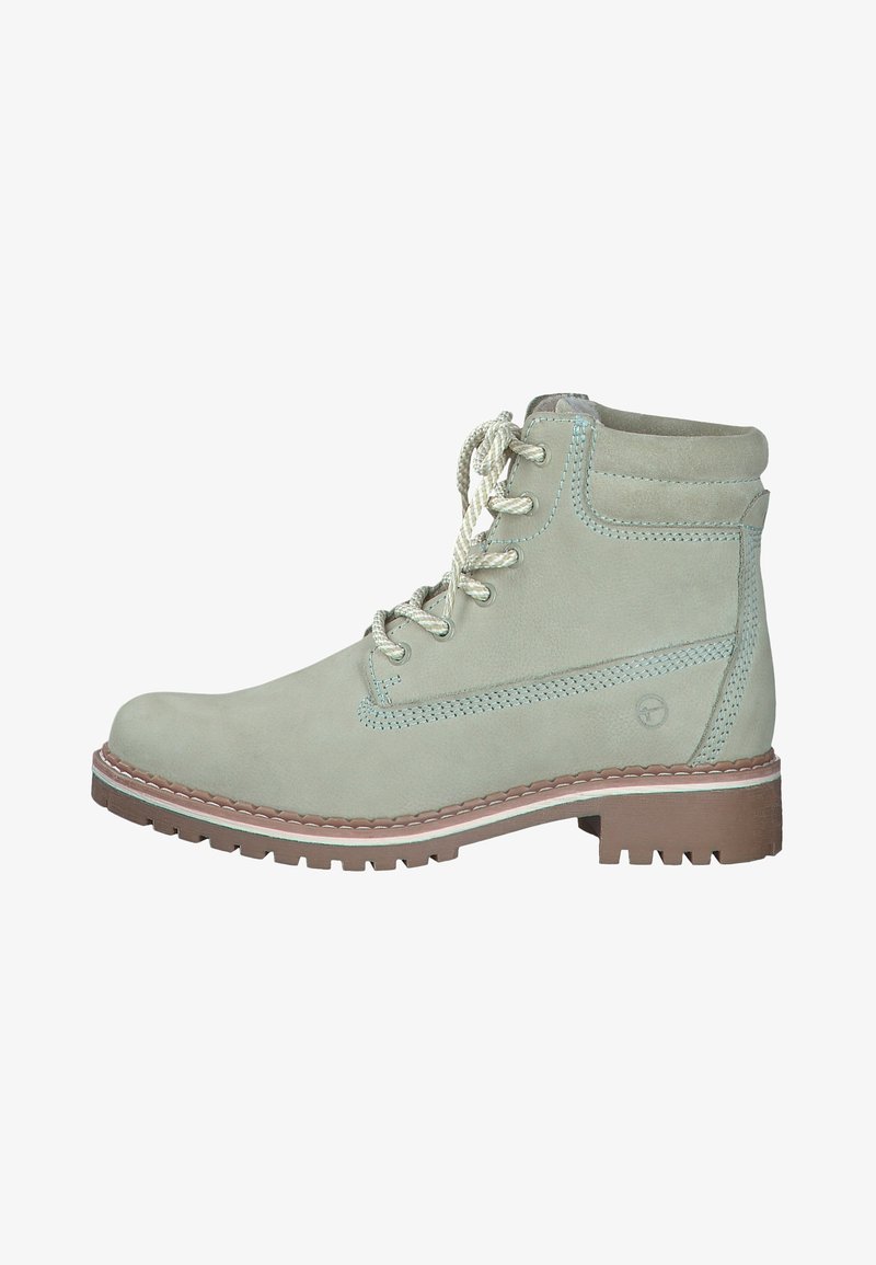Bottes chelsea en suède vert menthe avec un bout rond, surface texturée, couture contrastante et semelle en caoutchouc robuste. Présente un design à lacets.