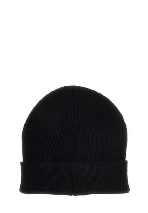 Berretto di maglia nera con una texture a coste e un orlo ripiegato. Presenta una parte superiore rotonda senza cuciture e una forma leggermente scivolata.