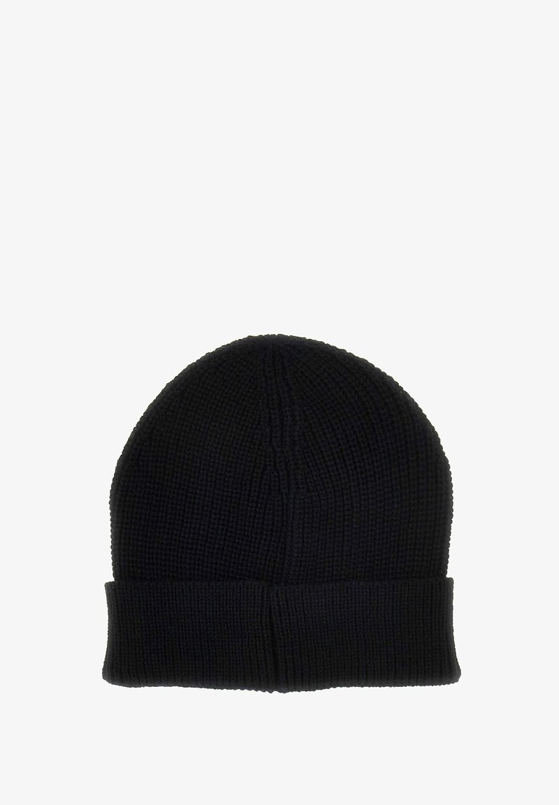 Black knitted beanie hat with a ribbed texture and a folded brim. Features a seamless round top and slightly slouchy form.