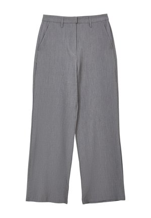 Pantaloni a gamba larga in un tessuto grigio chiaro. Presentano tasche laterali, una superficie liscia e una vita sagomata. Nessun fissaggio o decorazione visibili.
