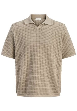 Bež pamučna polo majica kratkih rukava s teksturiranim uzorkom mreže otvorene tkanine i mekim ovratnikom.