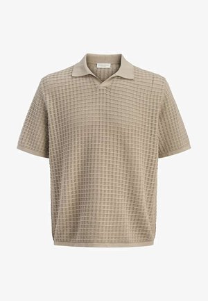 Polo a maniche corte in maglia beige con motivo a griglia traforata e colletto morbido.