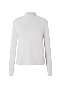 Weißer Rollkragenpullover aus weichem Stoff, mit langen Ärmeln und einer figurnahen Silhouette sowie einem nahtlosen Design.