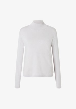 Weißer Rollkragenpullover aus weichem Stoff, mit langen Ärmeln und einer figurnahen Silhouette sowie einem nahtlosen Design.