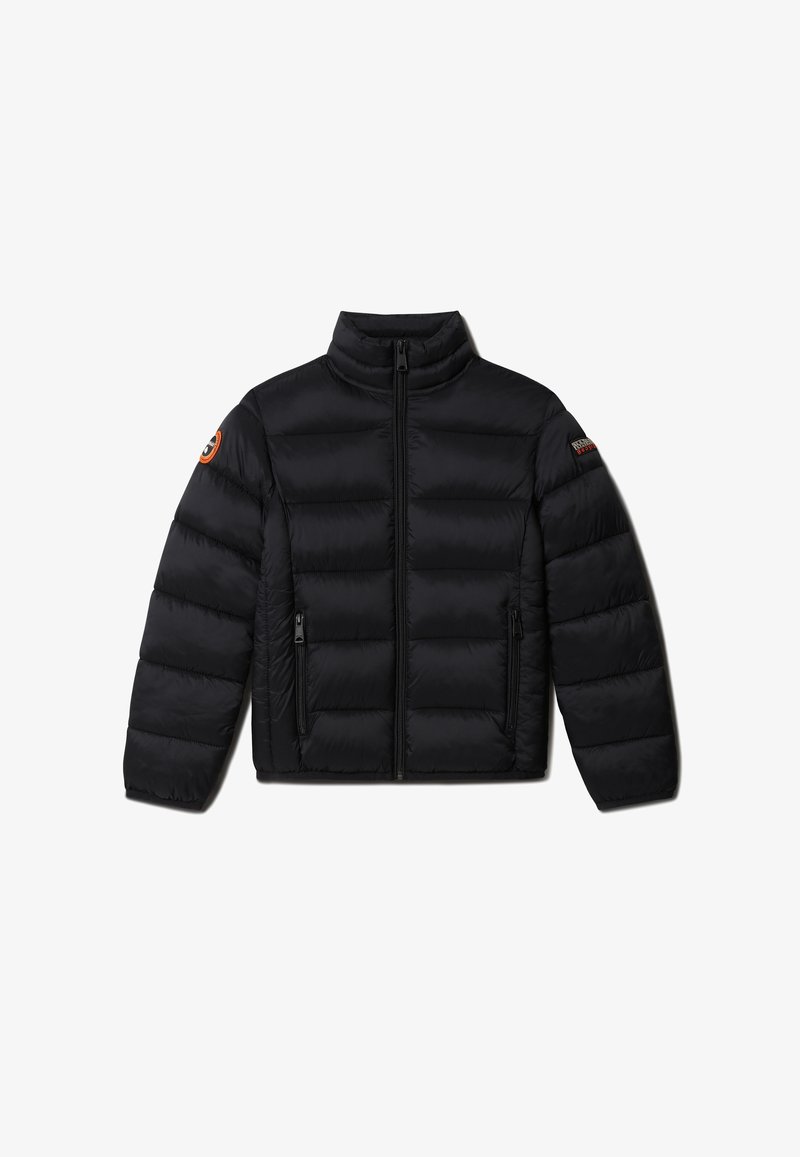 Doudoune noire avec un col haut, une fermeture éclair à l'avant et deux poches latérales zippées. Présente une patch sur l'épaule gauche.