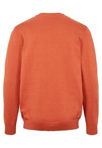 Orange stickad tröja med rund halsringning och långa ärmar. Slät textur och ribbade muddar och nederkant. Enkel, enfärgad design.