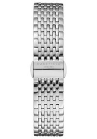 Reloj de metal plateado con un diseño de pulsera trenzada. Presenta un cierre con la inscripción "ROSEFIELD AMS|NYC." Textura pulida y elegante en toda su superficie.