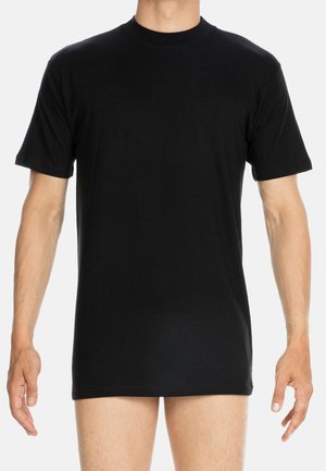 Sort kortærmet T-shirt lavet af bomuld. Rund halsudskæring og lige kant. Glat tekstur, enkel design, standart fit.