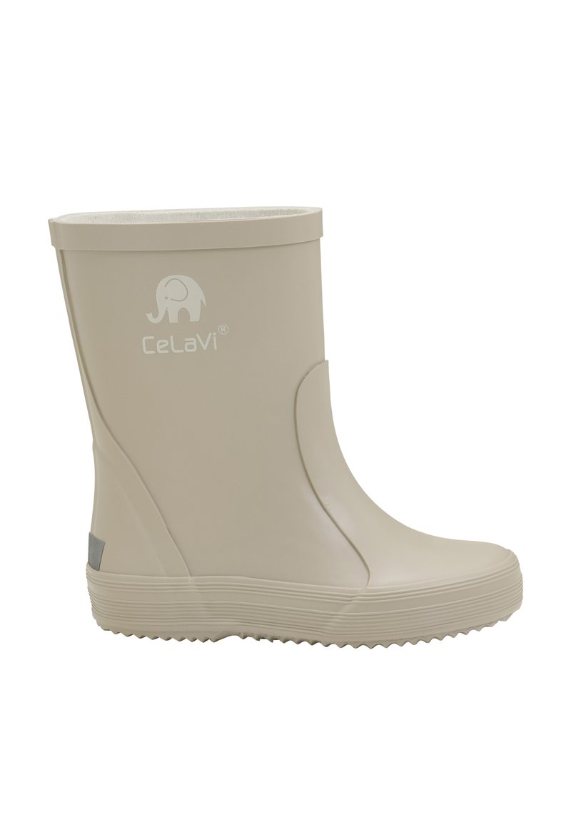 Botte de pluie en caoutchouc beige avec une texture lisse, un dessus arrondi et un logo d'éléphant décoratif. Dispose d'une semelle striée pour une meilleure adhérence.