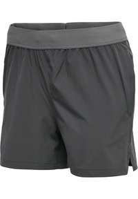 Grå idrottsshorts med elastisk midja, lättviktsmaterial och sidfickor. Har en slät textur och enkel design.