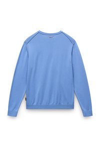 Sudadera de color azul claro con cuello redondo, mangas largas, puños acanalados y una textura lisa. Sin logotipos ni patrones visibles.