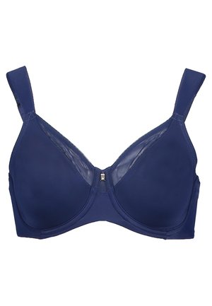 Marineblaue BH mit glattem Stoff, Unterstützung durch Bügel und verstellbaren Trägern. Verfügt über einen Haken- und Ösenverschluss vorne und Netzdetails.