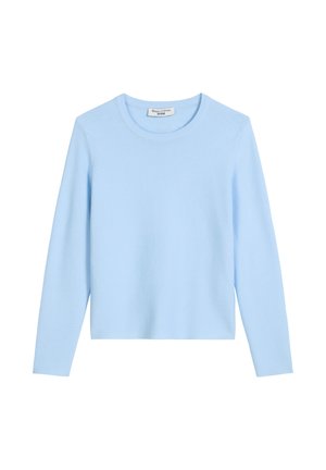 Hellblauer Strickpullover mit langen Ärmeln, rundem Ausschnitt und einer glatten, weichen Textur. Einfaches Design und gleichmäßige Farbgebung.