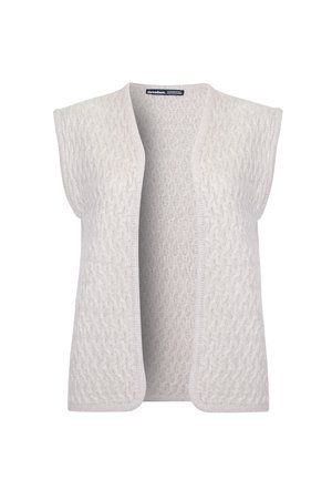 Světlá pletená vesta s otevřeným předním dílem, krátkými rukávy a texturovaným vzorem. Vyrobena z měkkého, pružného materiálu pro pohodlí.