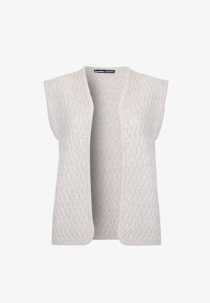 Lichtgekleurde gebreide vest met een open voorkant, korte mouwen en een textuurpatroon. gemaakt van zacht, flexibel materiaal voor comfort.