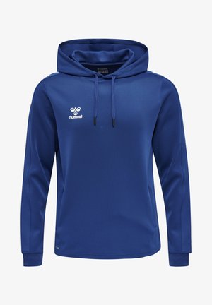 Felpa blu con cappuccio realizzata in tessuto morbido. Presenta una tasca frontale tipo kangaroo, cordini e un logo sul lato sinistro del petto. Maniche lunghe.