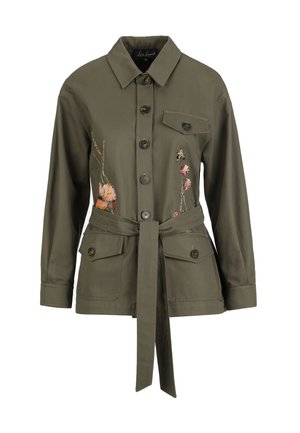 Olive green belted jacket with button closure, flap pockets, and floral embroidery on the front sides.