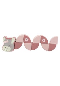 Wooden toy caterpillar in shades of pink and gray, featuring a smiling animal head and floral patterns on some segments. Rounded shapes.