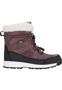 Wasserdichter brauner Winterstiefel mit weißem Fleecekragen, schwarzem Gummikappen und Schnürdesign. Strukturierte Oberseite mit kontrastierenden Nähten.