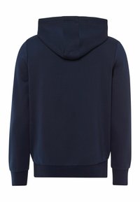 Marineblå hættetrøje med en glat tekstur, der har en rund kant og ribbede manchetter. Minimalistisk design, uden synlige logos eller mønstre.