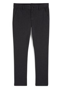 Tmavě šedé kalhoty vyrobené z pružného materiálu, s rovný střihem, bočními kapsami a knoflíkovým zapínáním. Texturovaný detail látky.