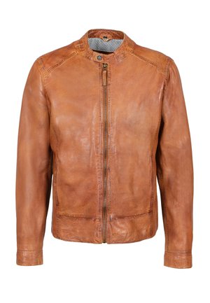 Tan leren jack met opstaande kraag, front zipper en gedetailleerde stiksels, met een gestructureerde afwerking en minimalistisch ontwerp.