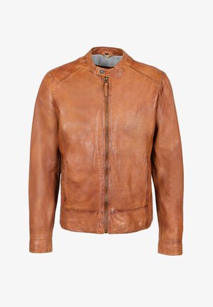 Tan leren jack met opstaande kraag, front zipper en gedetailleerde stiksels, met een gestructureerde afwerking en minimalistisch ontwerp.