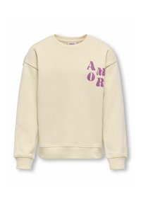 Felpa color crema realizzata in misto cotone, con una vestibilità comoda, polsini a costine e la scritta "AMOR" stampata in viola sul lato sinistro del petto.